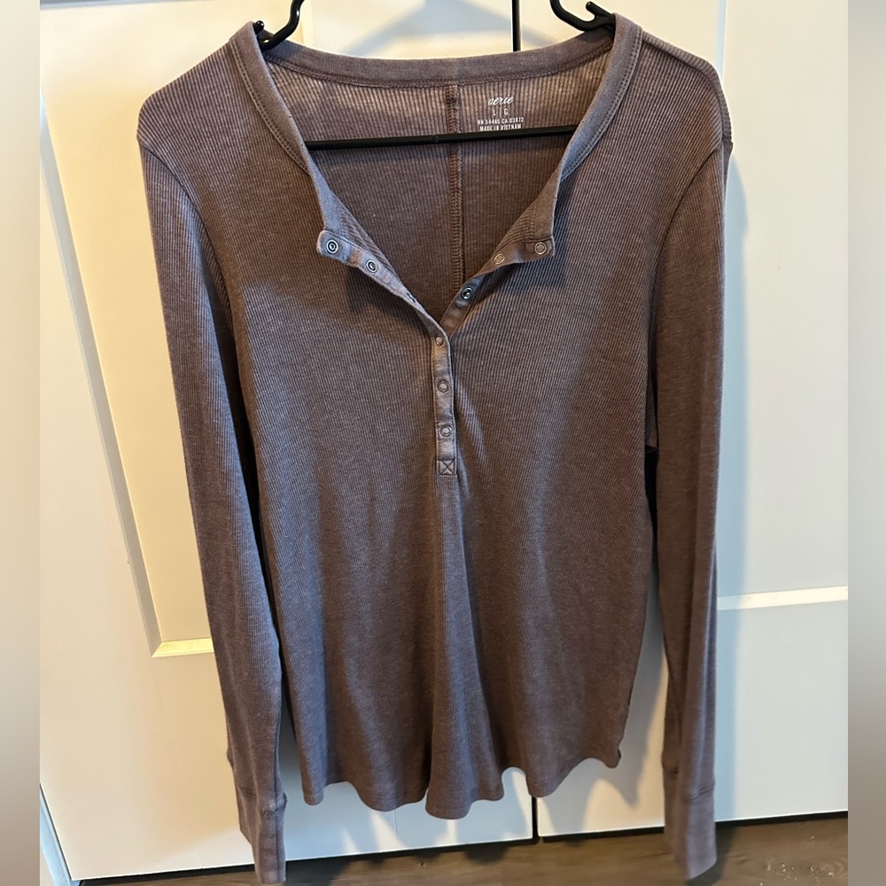 aerie ribbed henley long sleeve shirt purple large